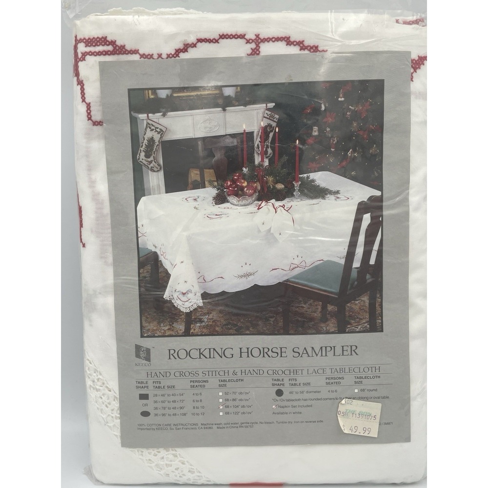 KEECO Rocking Horse Sampler Cross Stitch Crochet 68" X 104" Tablecloth & Napkins